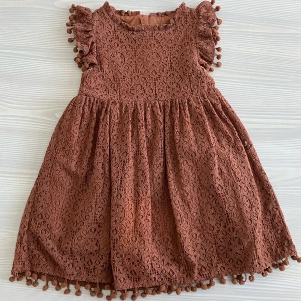 Toddler Girls' Rusty Chocolate Brown Lace Fully Lined Pom Pom Dress Cotton/Poly